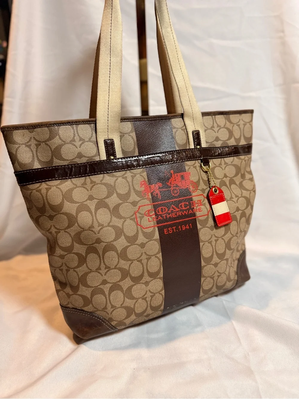 Coach Beige Signature Canvas Tote with Brown Trim and Red Logo